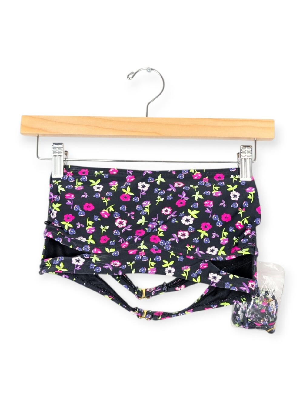 Cyn & Luca Bandeau Bikini Top M Black Multicolor Floral Swim NWOT